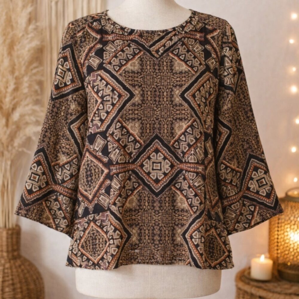 Renee C Geometric Blouse M Wide Sleeve Boho Retro Print USA Made Grunge Eclectic